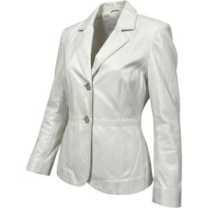 L VTG Leather Pamela McCoy‎ Womens White Mod Blazer Jacket Minimalist Coat